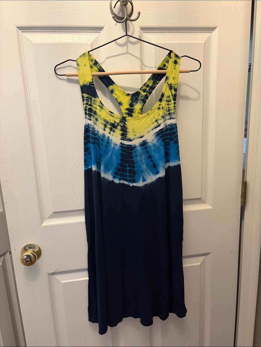 Lucky Brand Tie-Dye Racerback Swim Tank Dress in Yellow and Blue